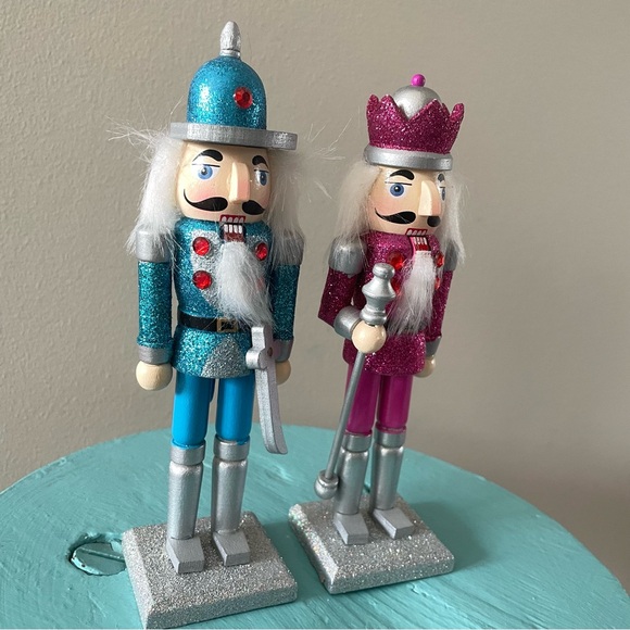 Set of 2 Miniature Hobby Lobby Nutcrackers Pink Blue Silver Glitter 7” Tall - Picture 7 of 7